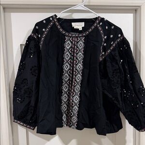 Anthropologie Black Blouse with White and Red Embroidery